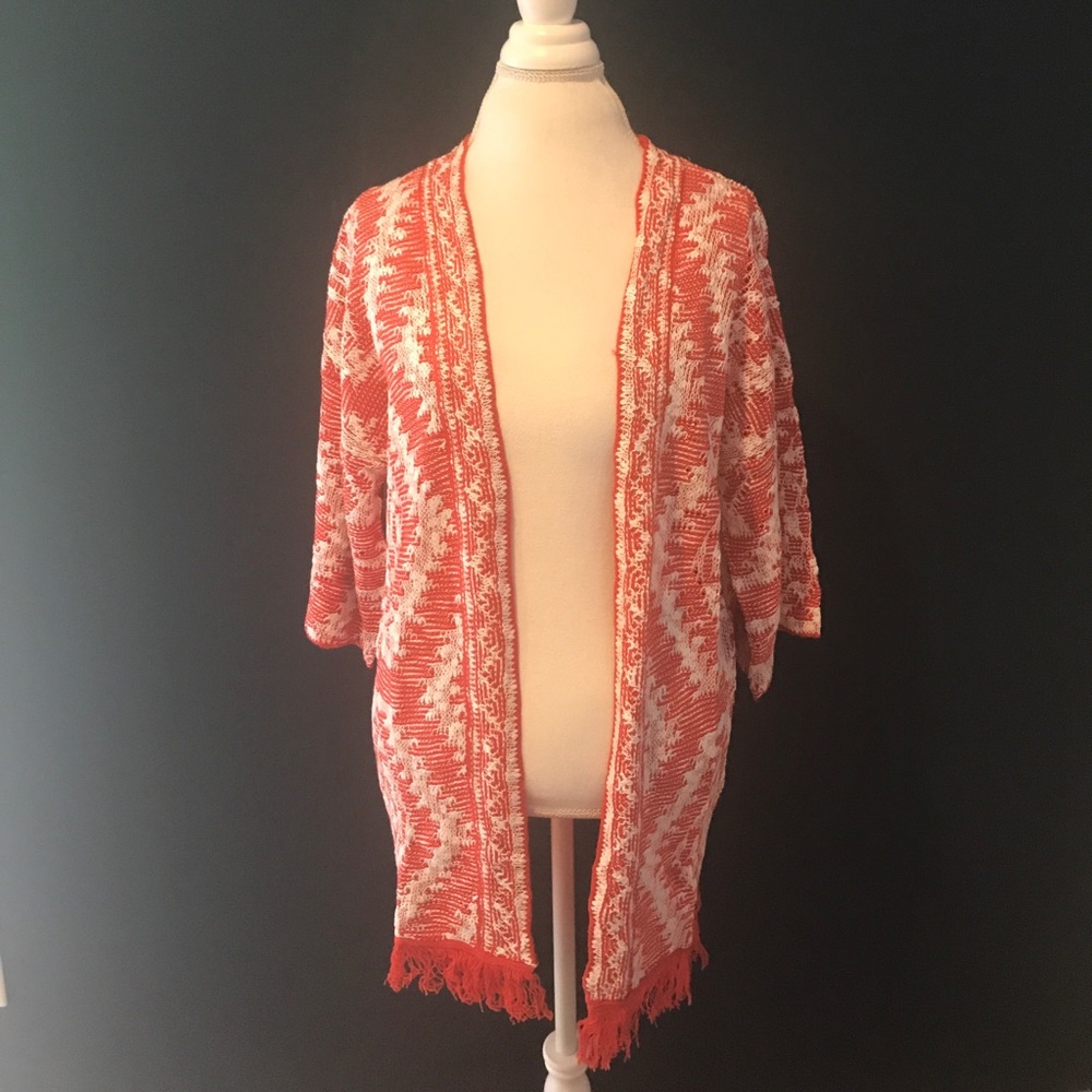 Tribal Print Red Fringe Open Cardigan - Picture 5 of 6